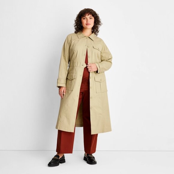 New! Women's Plus Size Long Sleeve Belted Trench Coat, Tan Light Brown, Stretch - Picture 1 of 5